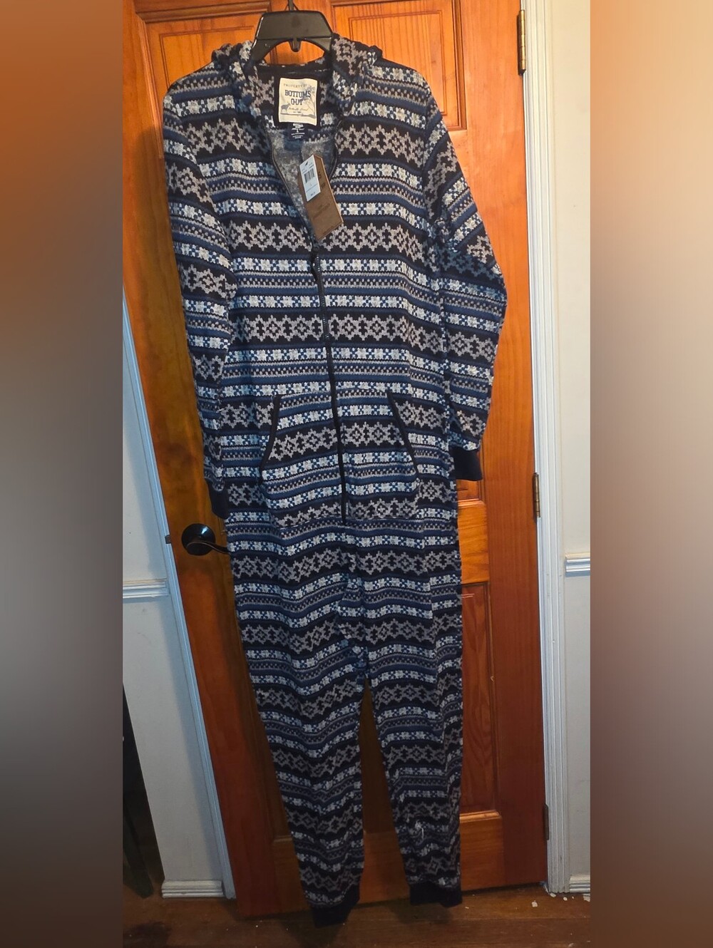 Bottoms Out Women's Fair Isle Sweater Fleece w/ Hoodie Onesie Navy White Large